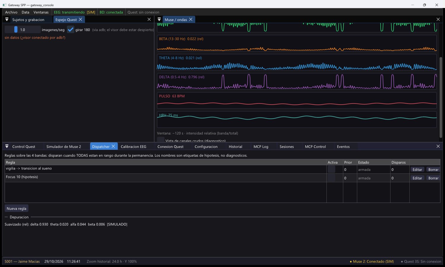 Panel Dispatcher con reglas sobre las bandas EEG
